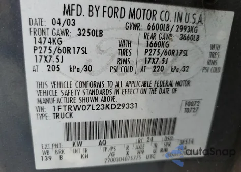 2003 Ford F150 Supercrew from USA, damaged, VIN 1FTRW07L23KD29331